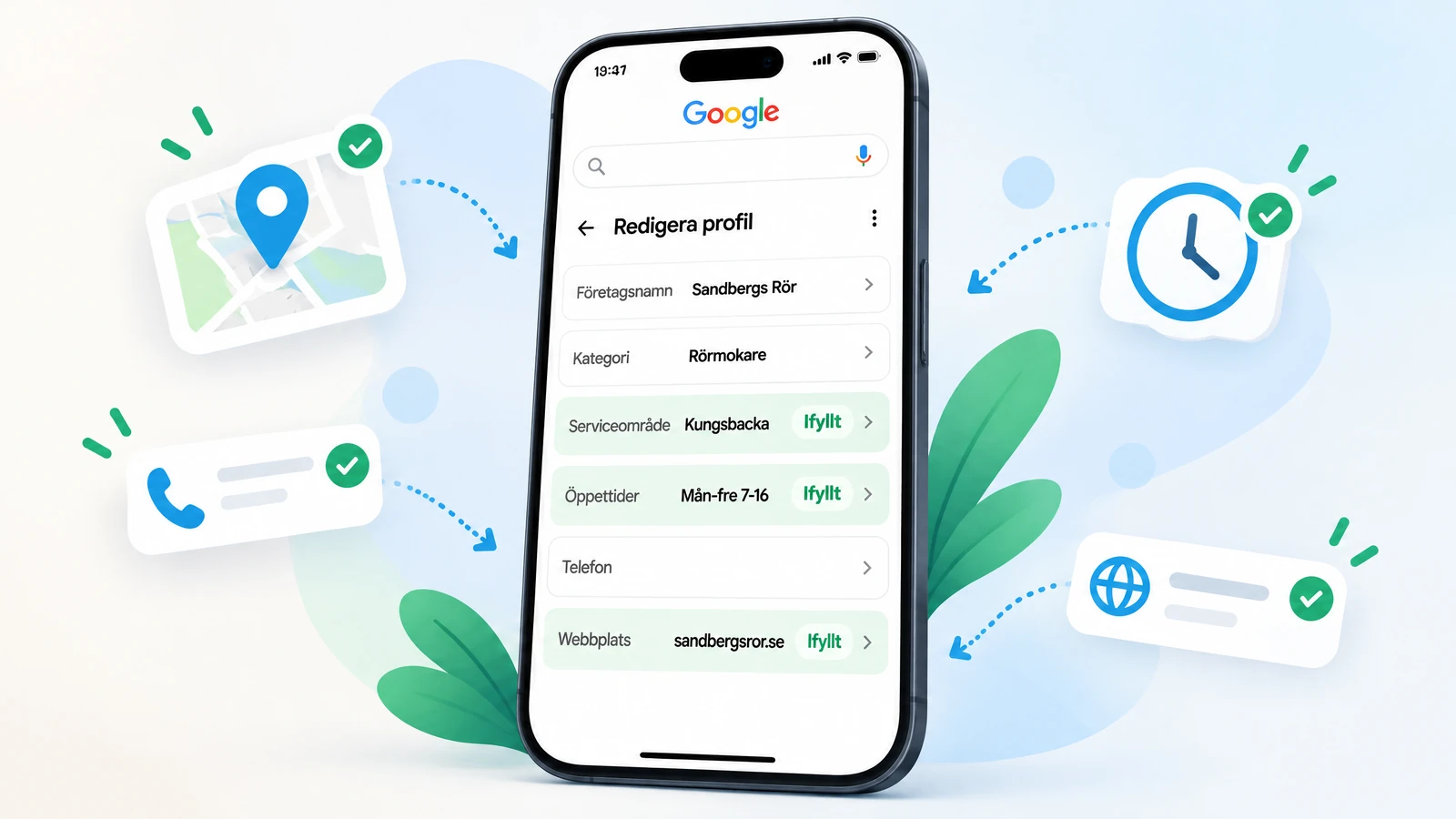 Googles redigeringsvy för företagsprofilen i mobilen, där serviceområde, öppettider och webbplats är ifyllda