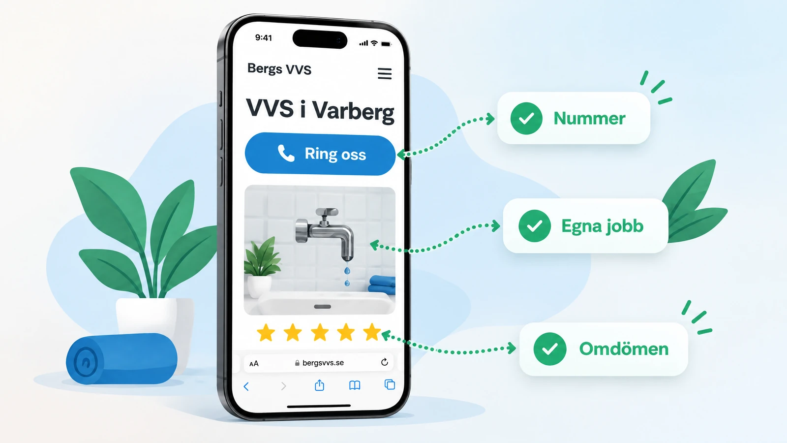 En hantverkarsida i mobilens webbläsare med ort i rubriken, ringknapp, bild från ett jobb och omdömen